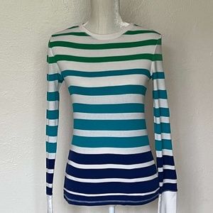 Striped Long-Sleeve Cotton T-Shirt - Green, Turquoise & Navy on White | Sz M